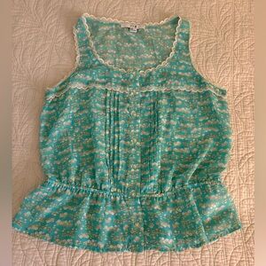 Forever 21 Teal Floral Lace-Trim Sleeveless Peplum Top